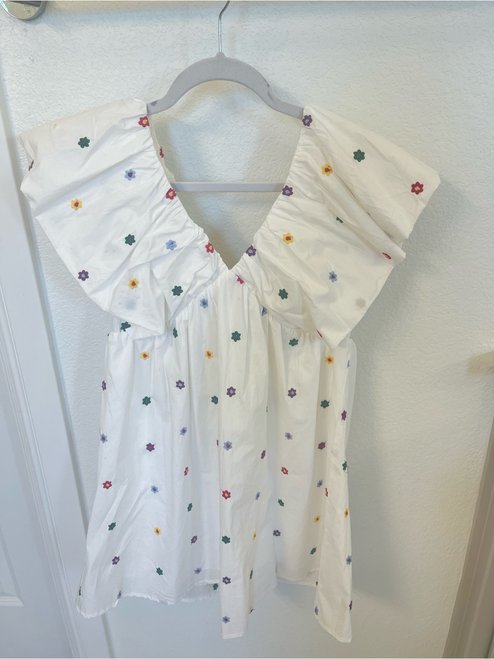 White Flutter Sleeve Top with Multicolor Floral Embroidery